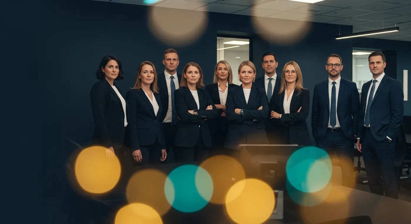 Equipe de assessores políticos da Maia Política em ambiente editorial sofisticado